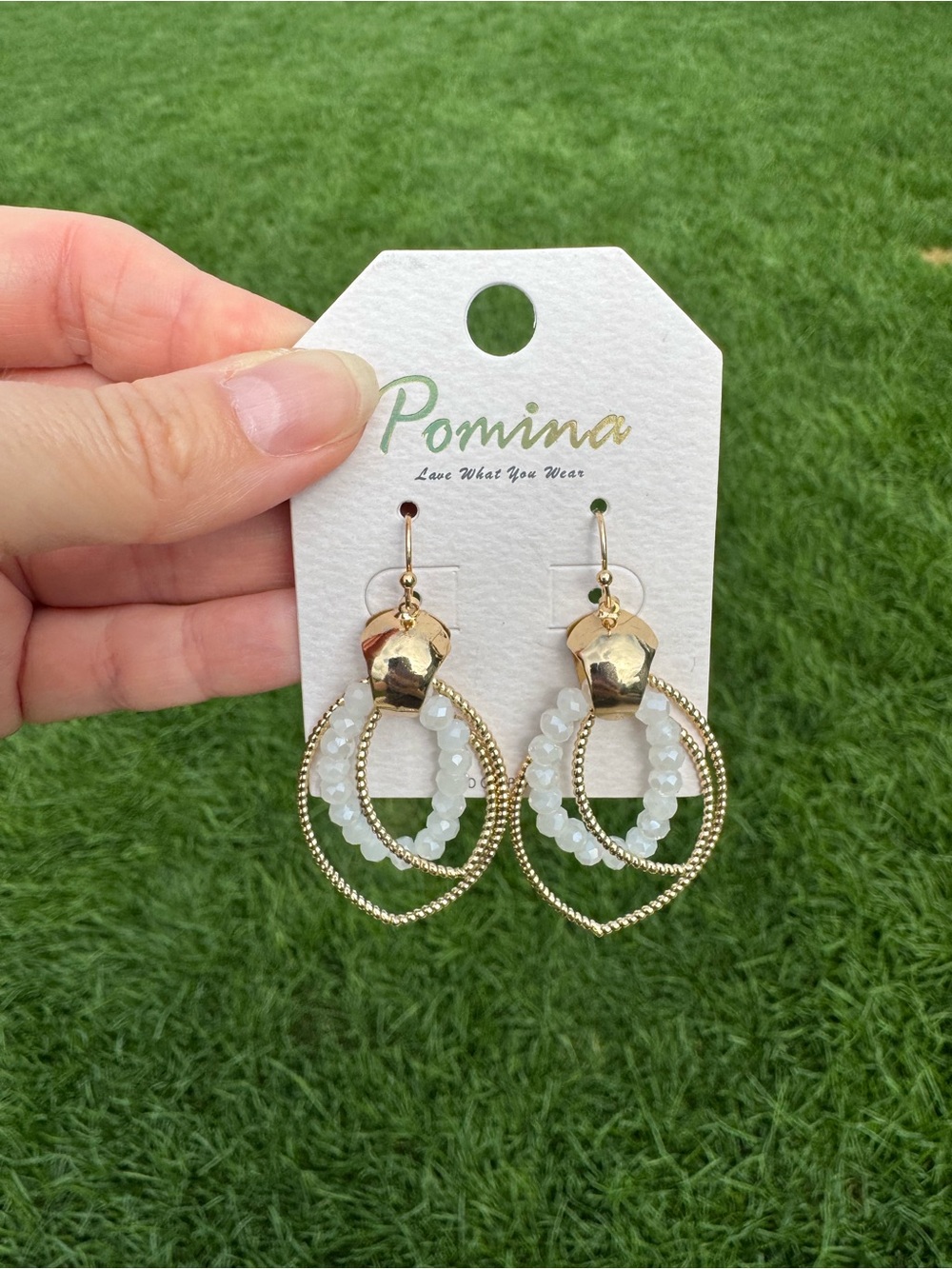 $12 or 3/$30! Gold Tone with White Beaded Triple Oval Hoop Drop Earrings